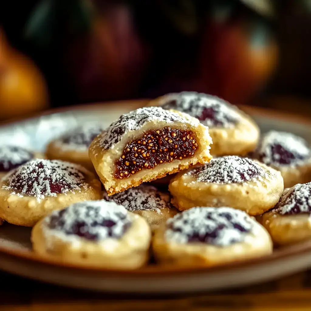 A plate of round cookies dusted with powdered sugar, featuring a visible fig filling, with one cookie cut in half to reveal its interior.