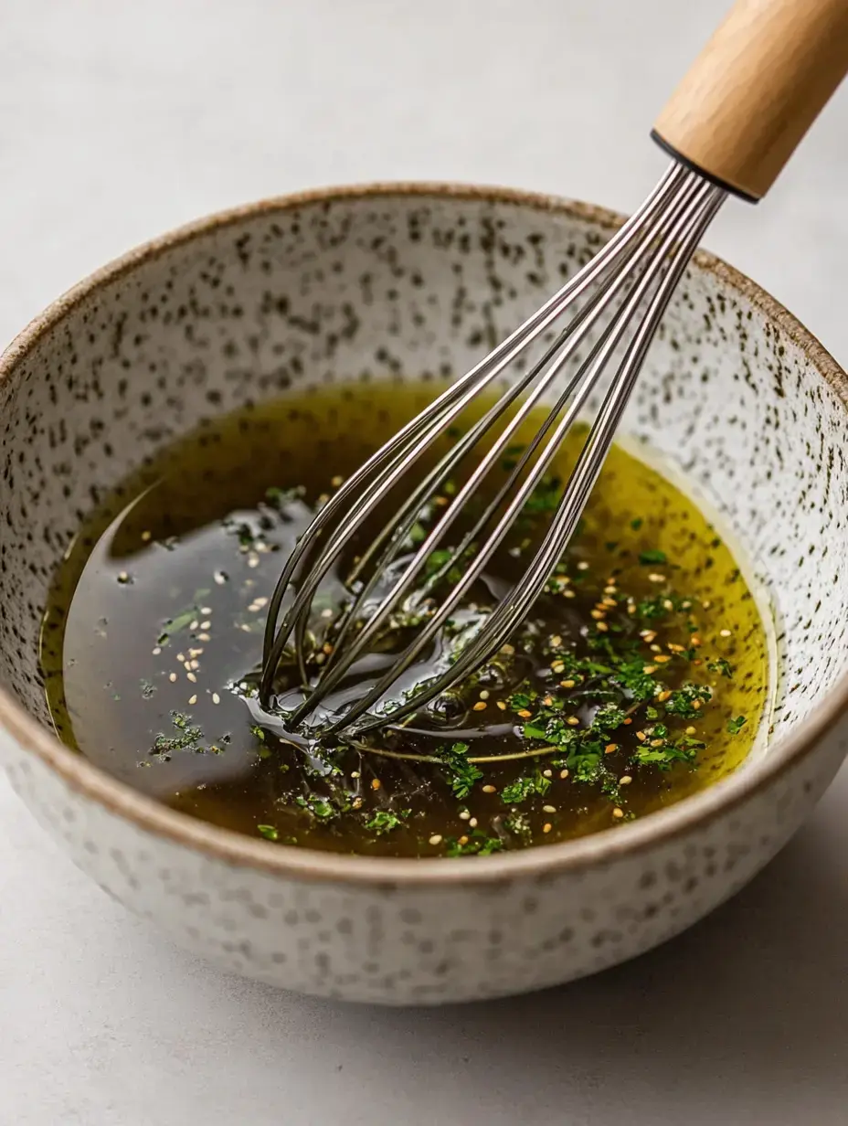 A metal whisk is mixing a green herb-infused oil dressing in a speckled ceramic bowl.