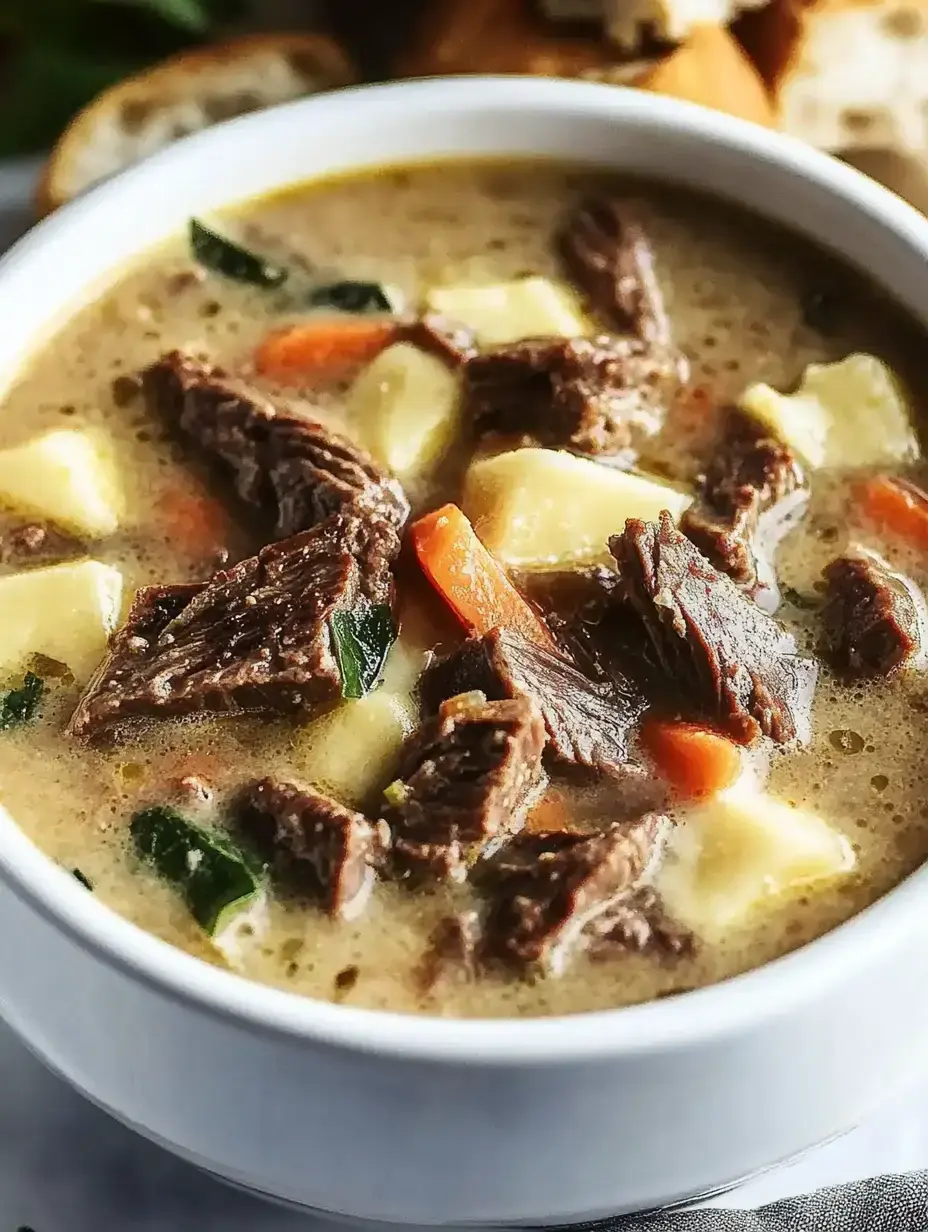 A bowl of hearty beef stew with chunks of meat, potatoes, carrots, and greens in a creamy broth.