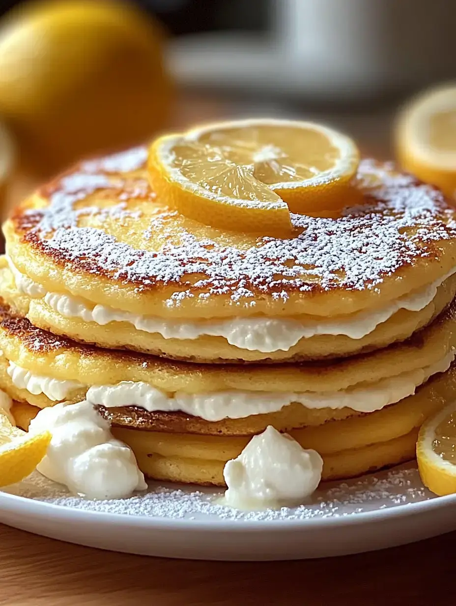 A stack of fluffy pancakes topped with lemon slices and whipped cream, dusted with powdered sugar, is displayed on a white plate with additional lemon slices in the background.