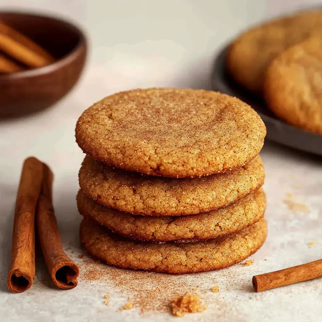 A stack of four golden-brown cookies is surrounded by cinnamon sticks on a light surface.