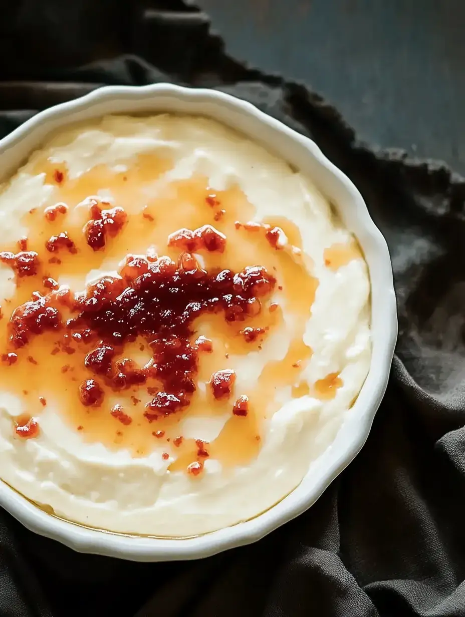 A creamy dessert topped with a glossy layer of raspberry sauce sits in a white dish on a dark cloth.