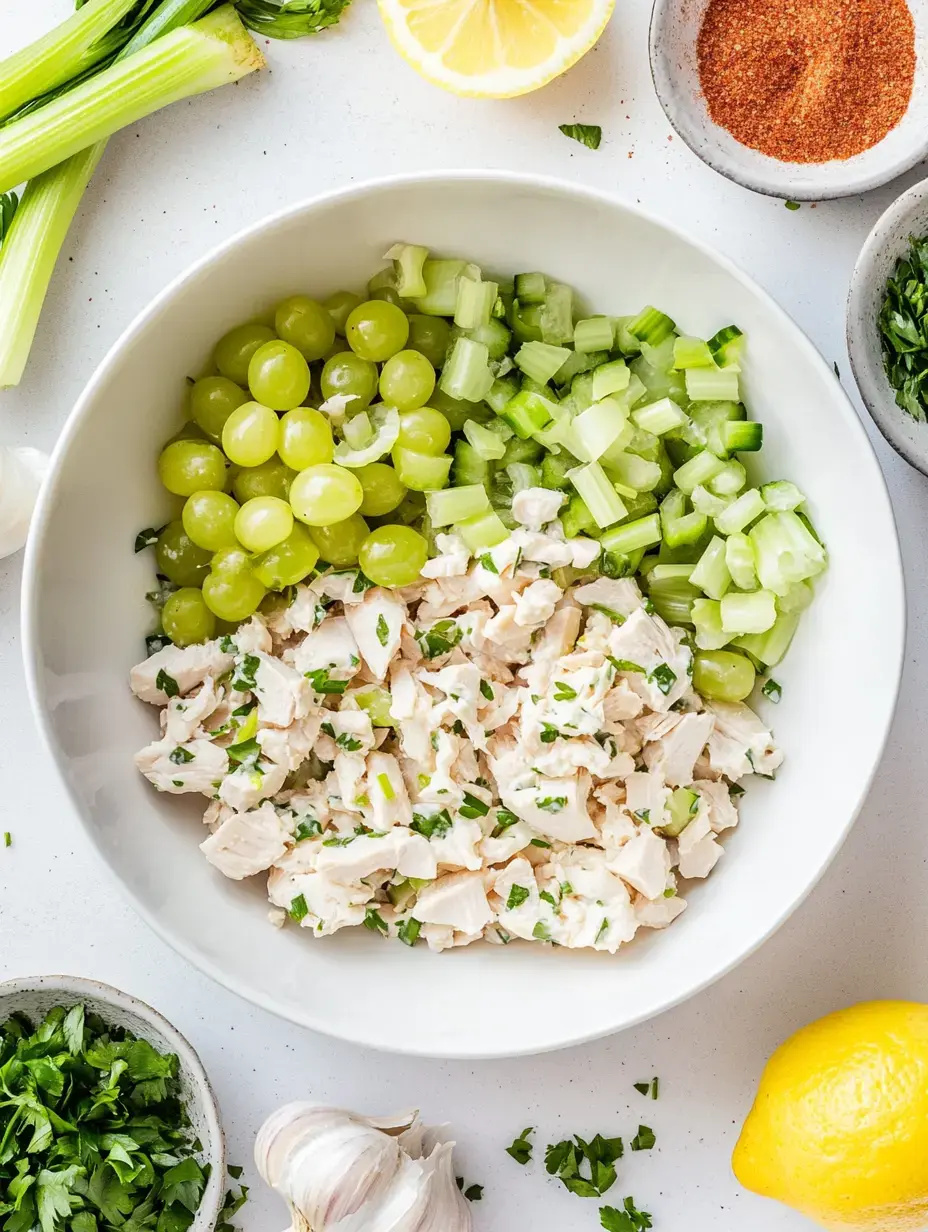 A bowl of chopped chicken mixed with herbs, surrounded by sections of green grapes, diced celery, and garnished with lemon, garlic, and spices on a white surface.