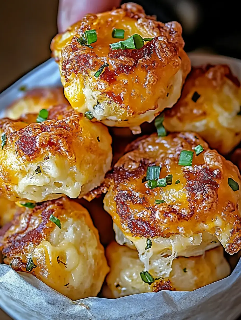 A close-up image of golden, cheesy biscuit bites topped with green chives.