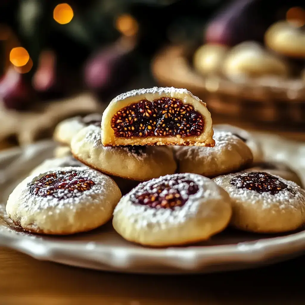 A plate of cookies filled with fig jam, dusted with powdered sugar, with one cookie cut in half to show the filling.