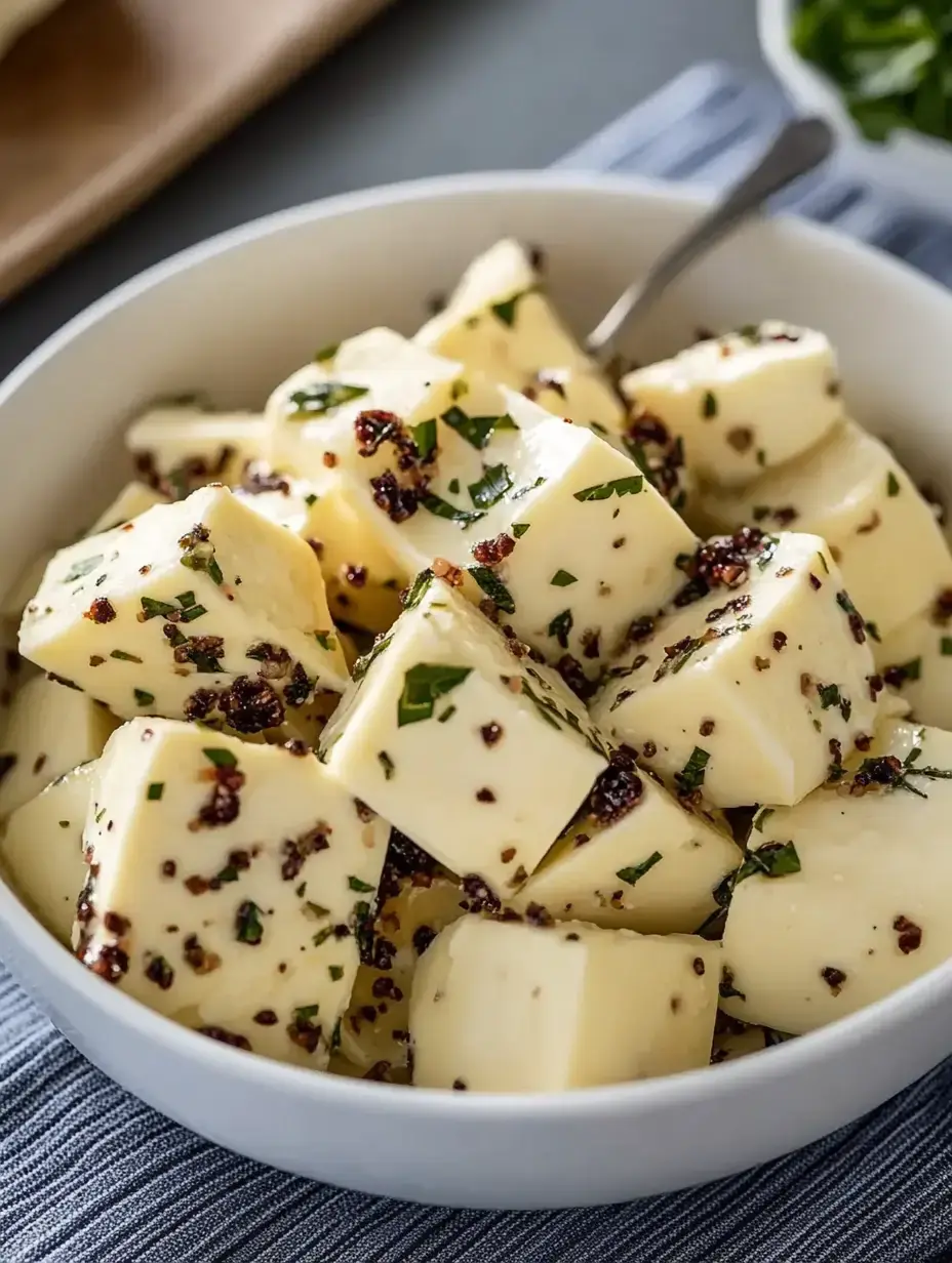 A bowl of cubed butter is garnished with herbs and spices, showcasing a rich, flavorful mixture.