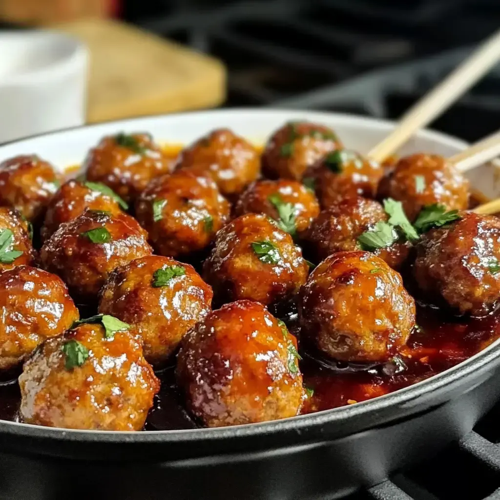 A platter of glossy meatballs garnished with fresh parsley, served in a rich sauce.