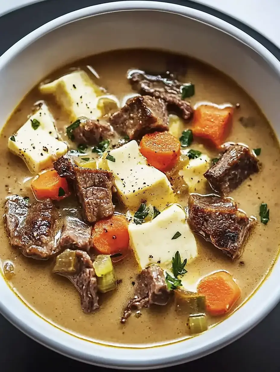 A bowl of hearty beef stew with chunks of beef, carrots, potatoes, and herbs in a rich broth.