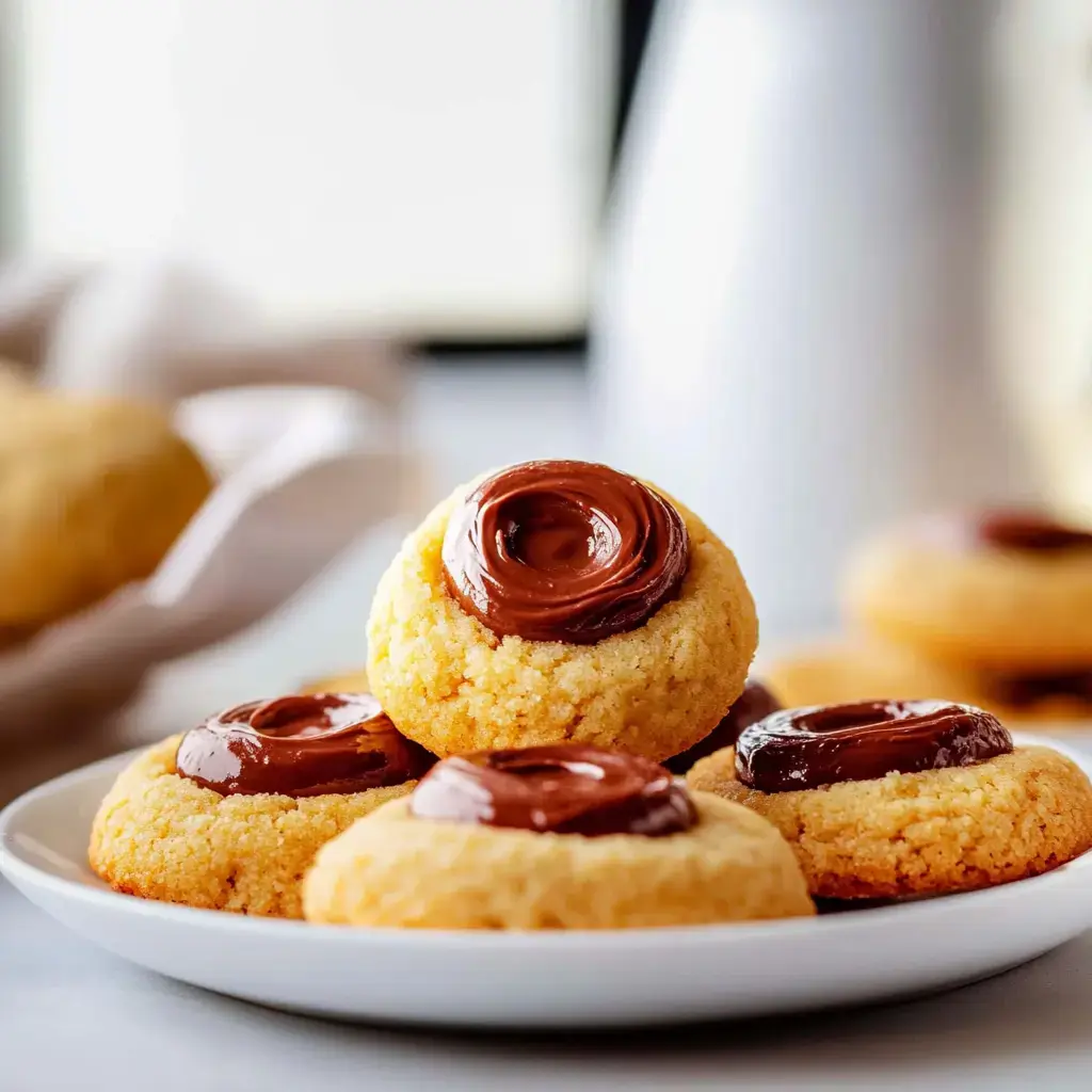 A plate of golden, round cookies topped with smooth chocolate, arranged attractively.