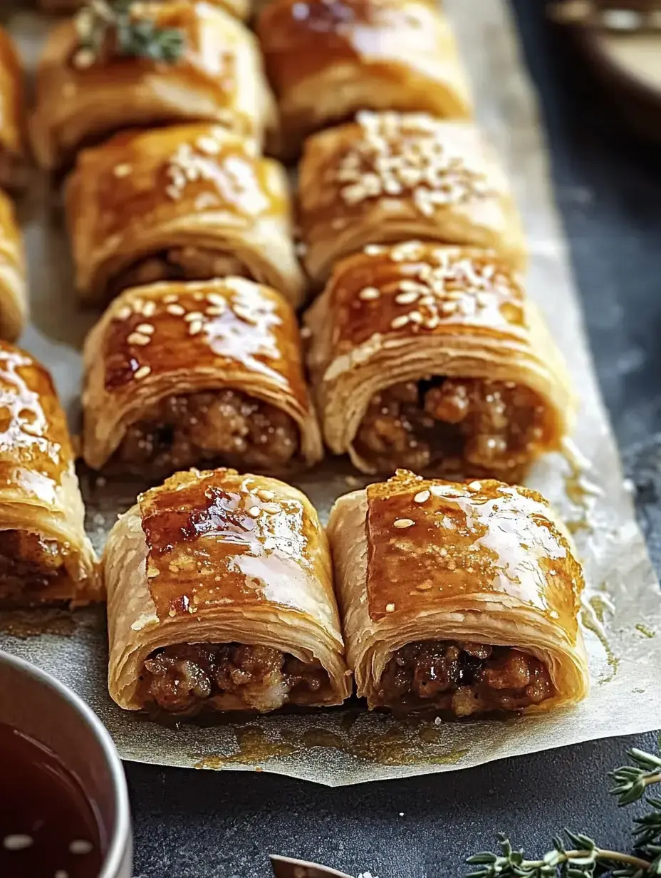 A close-up of golden-brown, flaky pastries filled with a sweet, nutty filling, garnished with sesame seeds, arranged on parchment paper.