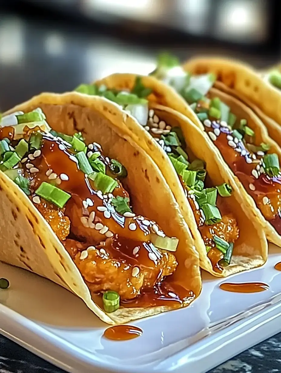 Three tacos filled with crispy shrimp, drizzled with sauce, and garnished with green onions and sesame seeds on a white plate.