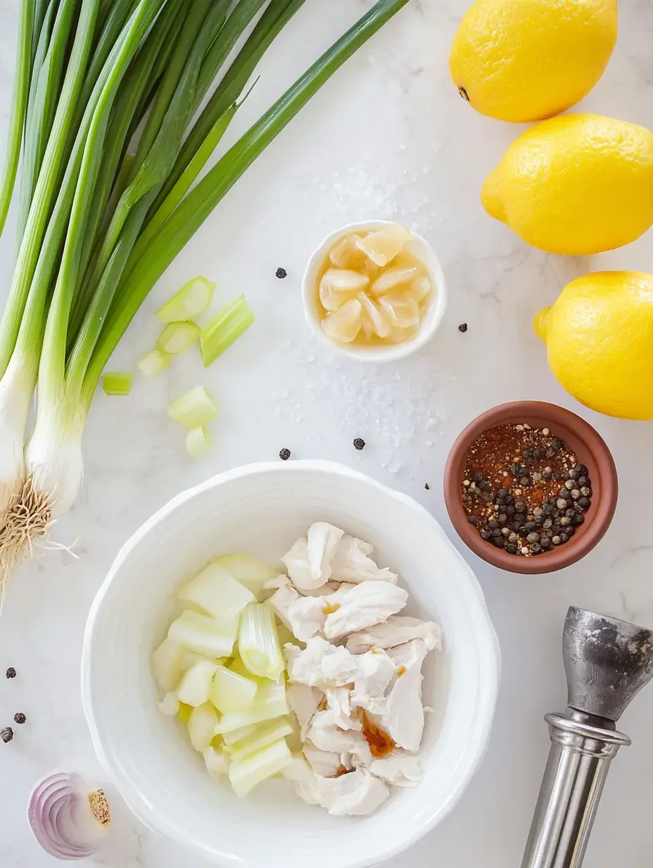 A clean countertop displays ingredients for a meal, including sliced chicken, green onions, lemons, garlic, seasonings, and salt.