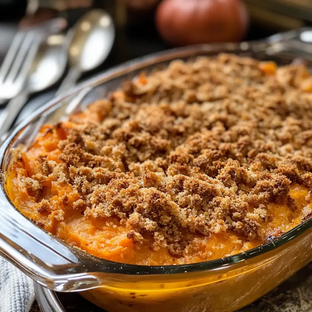 A glass baking dish filled with creamy mashed sweet potatoes topped with a crunchy brown sugar and breadcrumb crust.