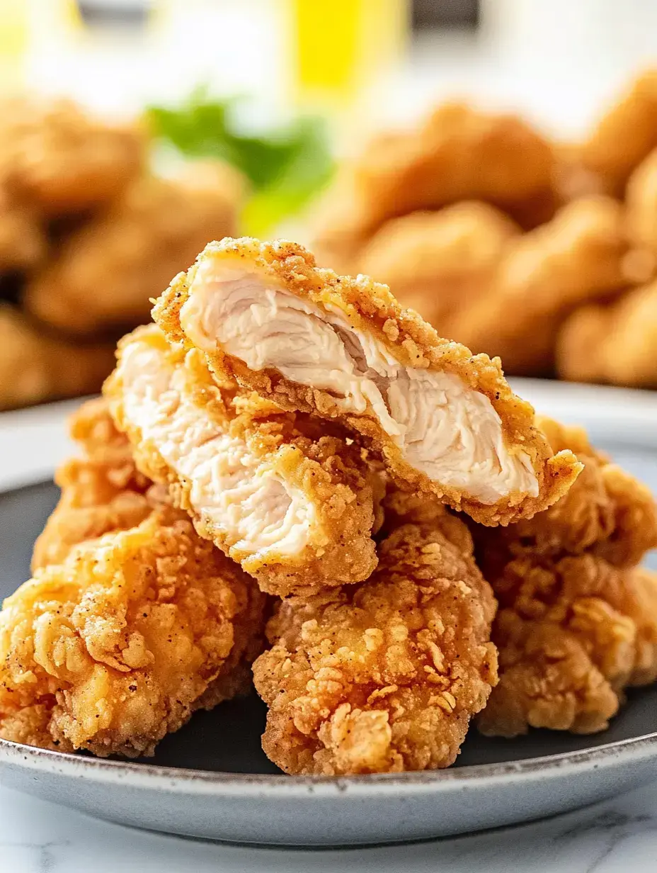 A close-up of golden-brown fried chicken tenders stacked on a gray plate, with one piece cut in half to reveal its tender white meat inside.