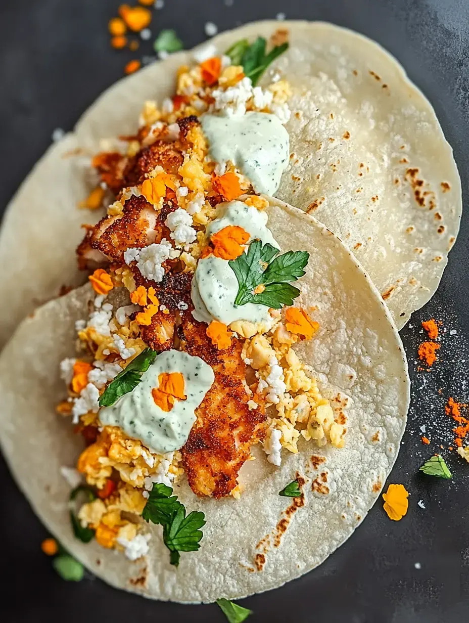 Two soft tortillas filled with crispy fish, scrambled eggs, crumbled cheese, greens, and drizzled with a creamy sauce, garnished with vibrant orange petals.