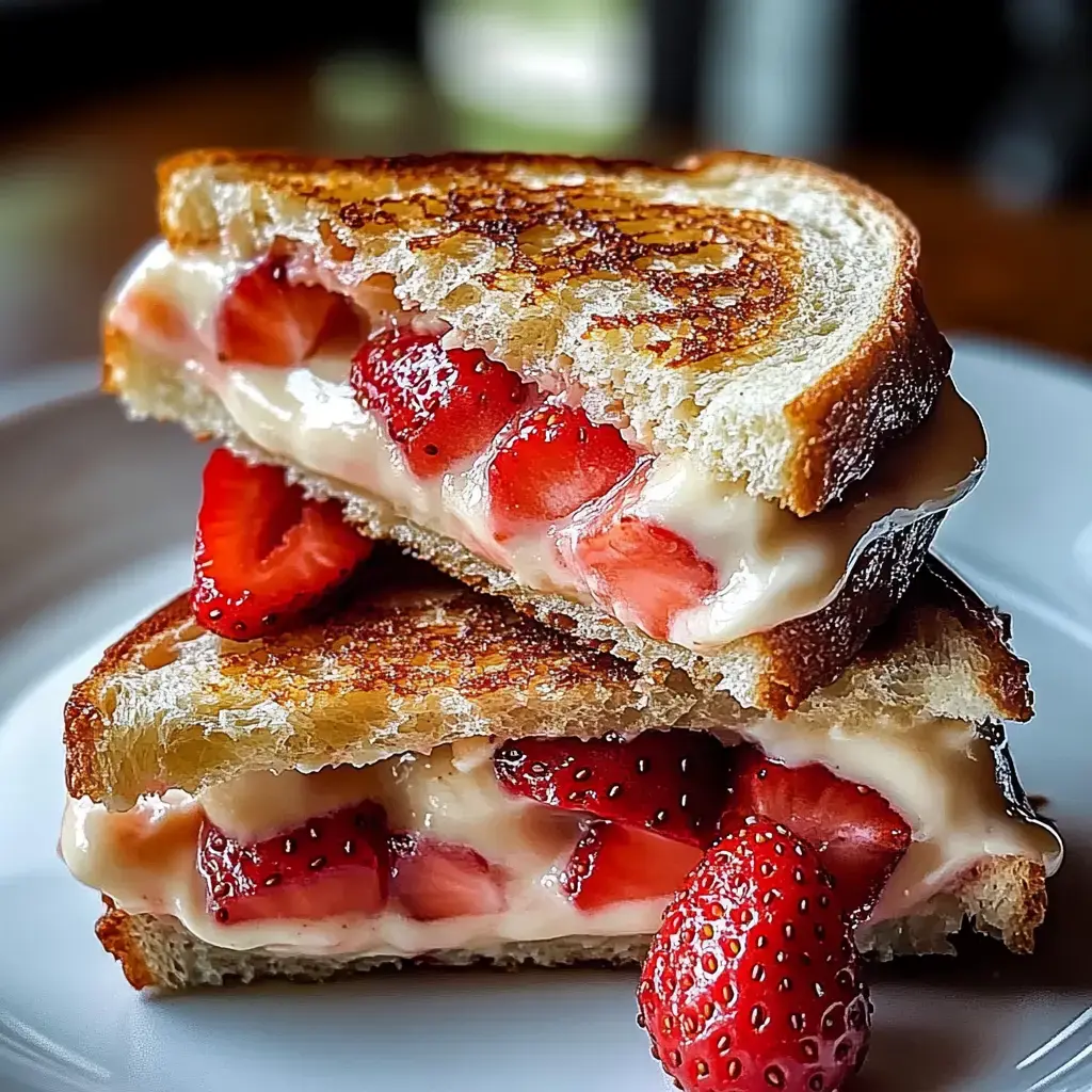 A stacked sandwich featuring layers of fresh strawberries and creamy filling between slices of golden-browned bread.