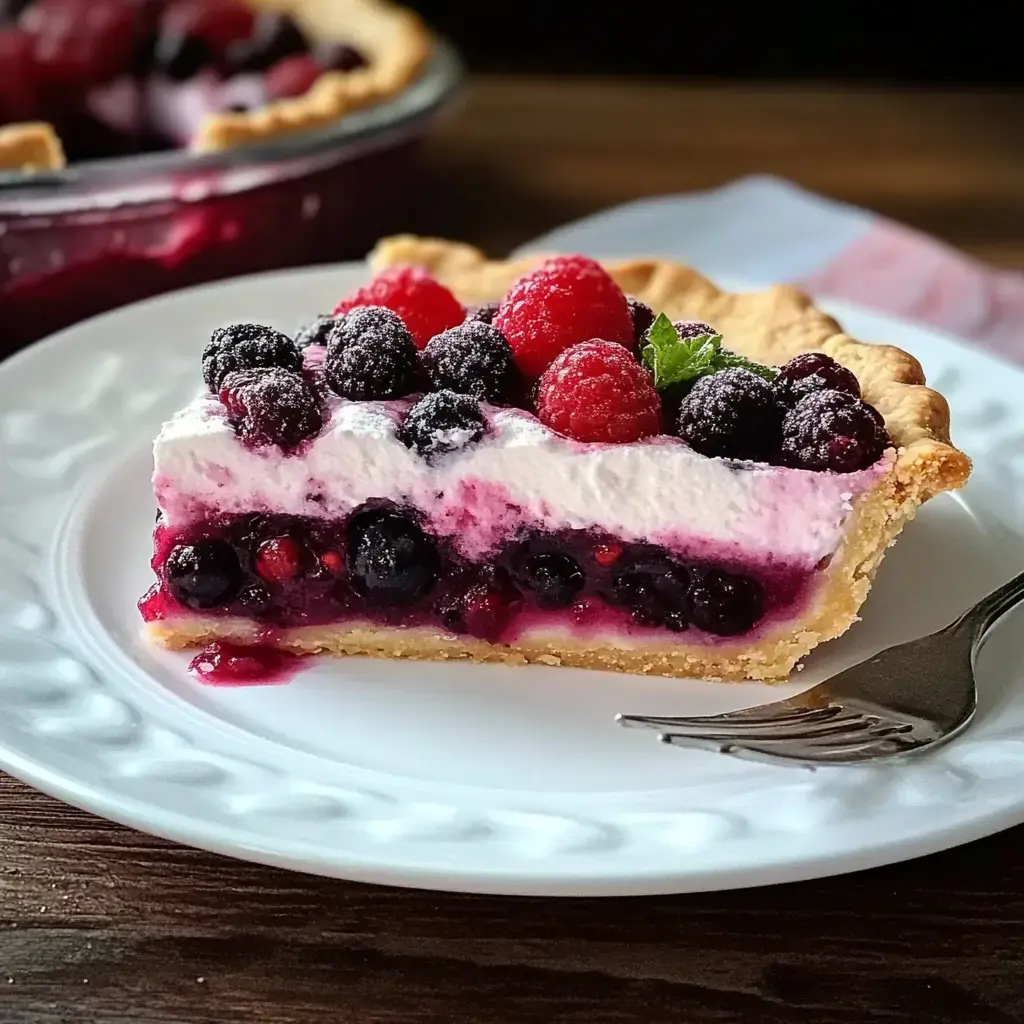 A slice of berry pie is presented on a white plate, revealing layers of mixed berries, cream, and a golden crust, garnished with fresh raspberries and mint.