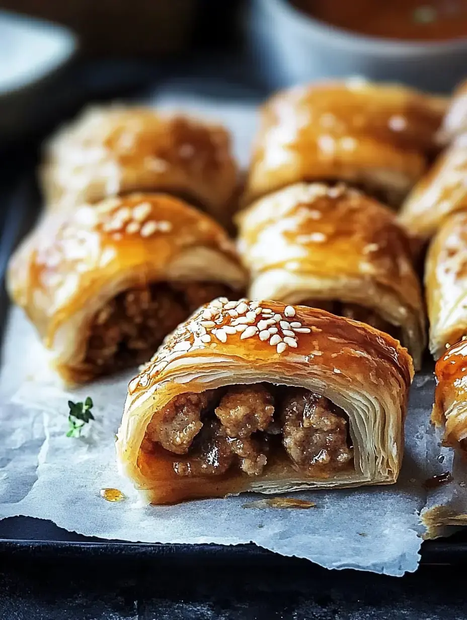 A close-up of flaky pastries filled with minced meat and topped with sesame seeds, served on a baking tray lined with parchment paper.