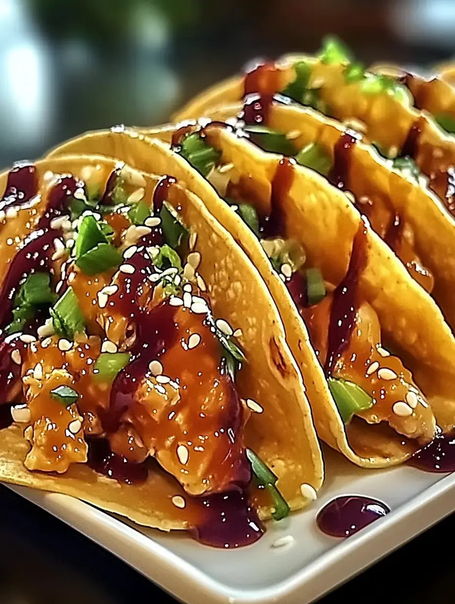 A close-up of four tacos filled with chicken, topped with green onions, sesame seeds, and various sauces, served on a white plate.