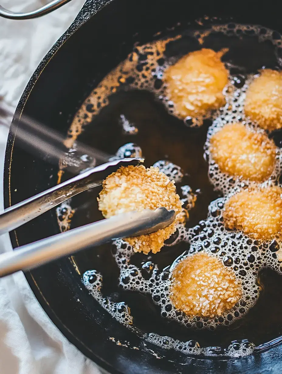 A close-up of golden-brown fried food pieces in bubbling oil, being lifted with metal tongs from a cast iron skillet.