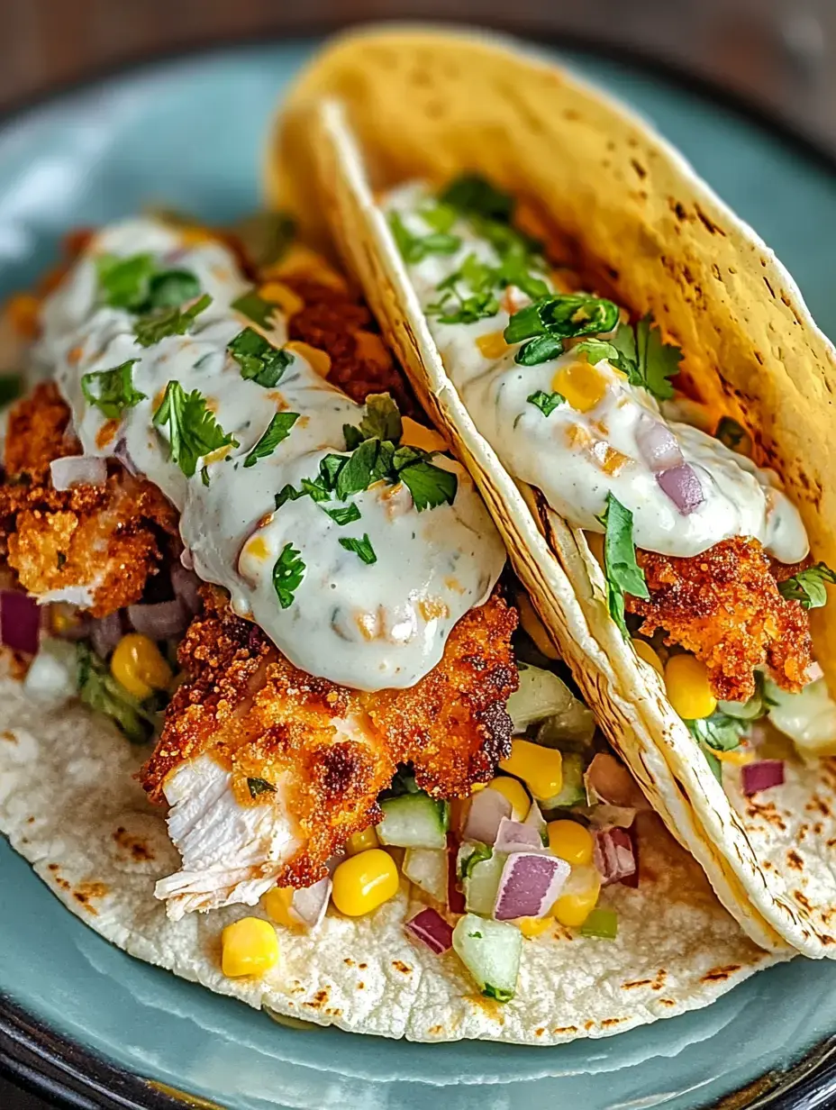 Two crispy fish tacos topped with creamy sauce, cilantro, and vegetables, served on a blue plate.