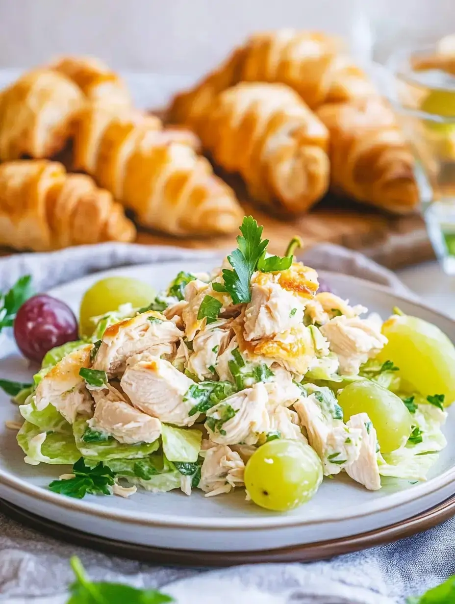 A fresh chicken salad with grapes, lettuce, and herbs is served on a plate, accompanied by croissants in the background.