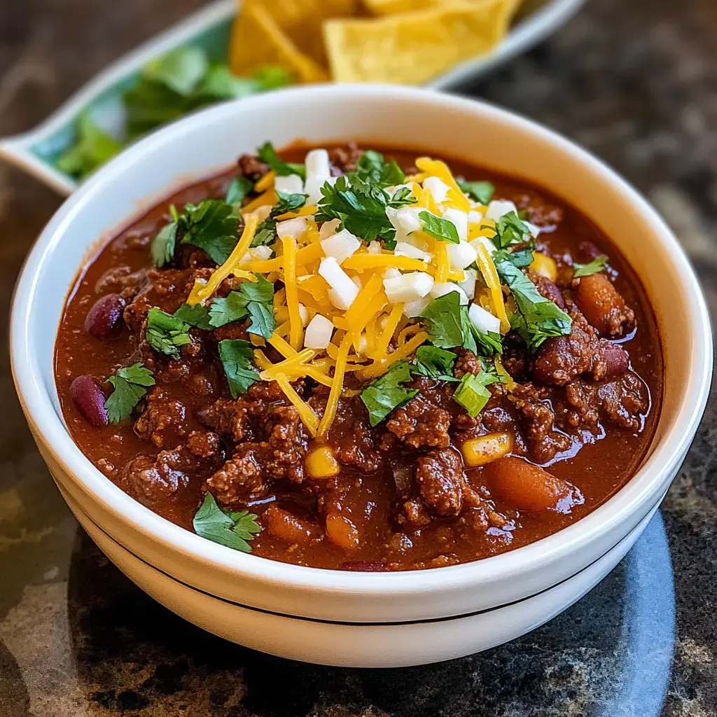 A bowl of chili topped with shredded cheese, chopped onions, and cilantro, with tortilla chips in the background.