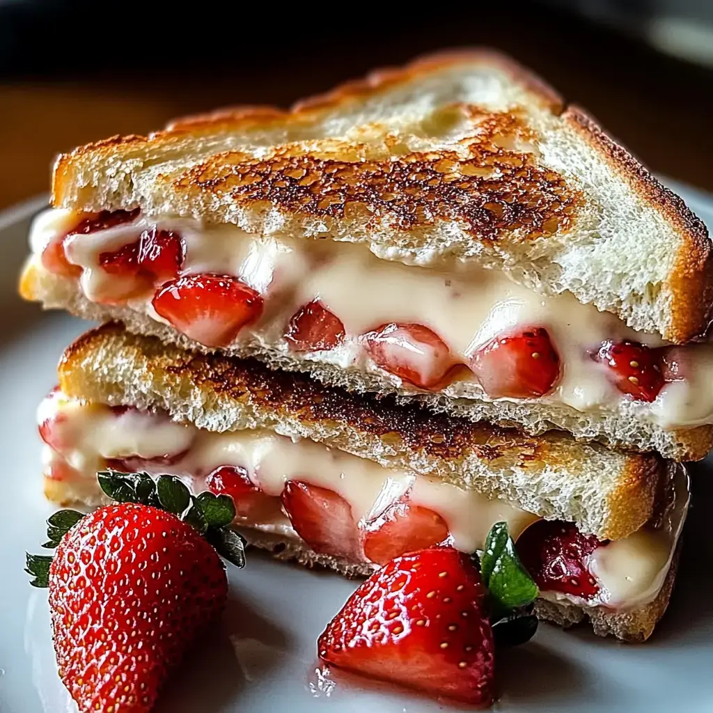 A close-up of two toasted strawberry-filled sandwiches on a plate, accompanied by fresh strawberries.