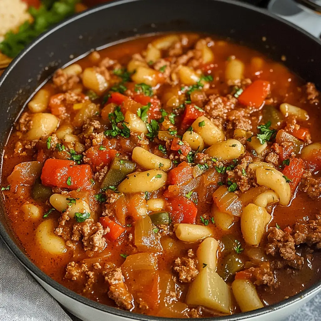 A bowl of hearty chili is filled with ground meat, beans, diced tomatoes, and colorful vegetables, garnished with fresh parsley.