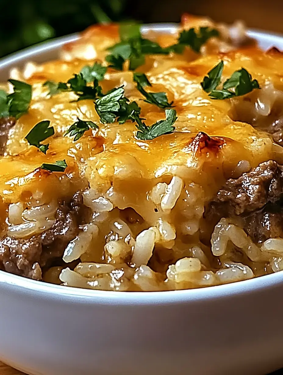 A close-up of a bowl of cheesy rice casserole topped with fresh parsley.