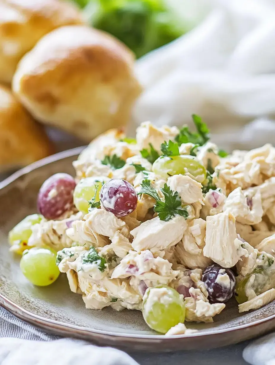 A plate of chicken salad mixed with green and red grapes, garnished with parsley, accompanied by rolls in the background.