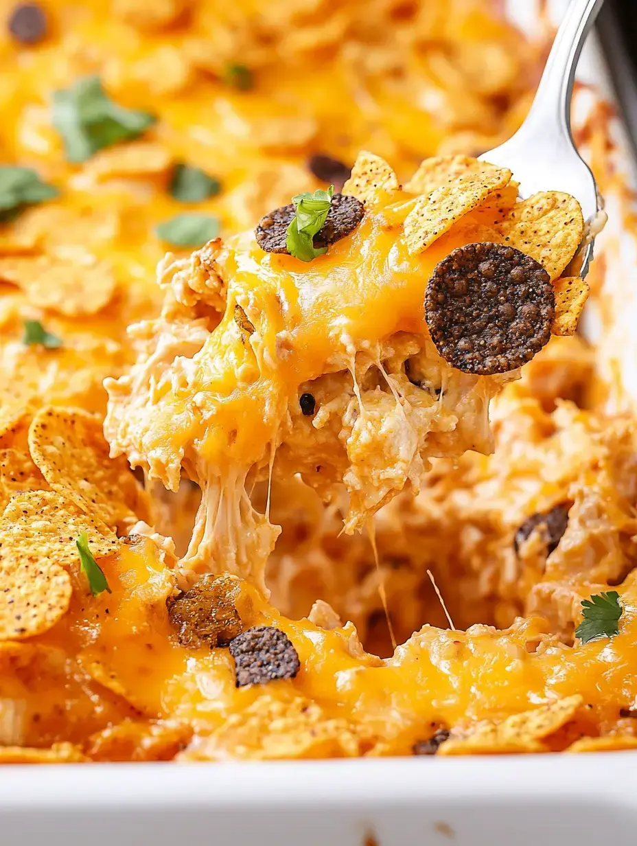 A fork lifts a cheesy, creamy casserole topped with crispy corn chips and garnished with green herbs.