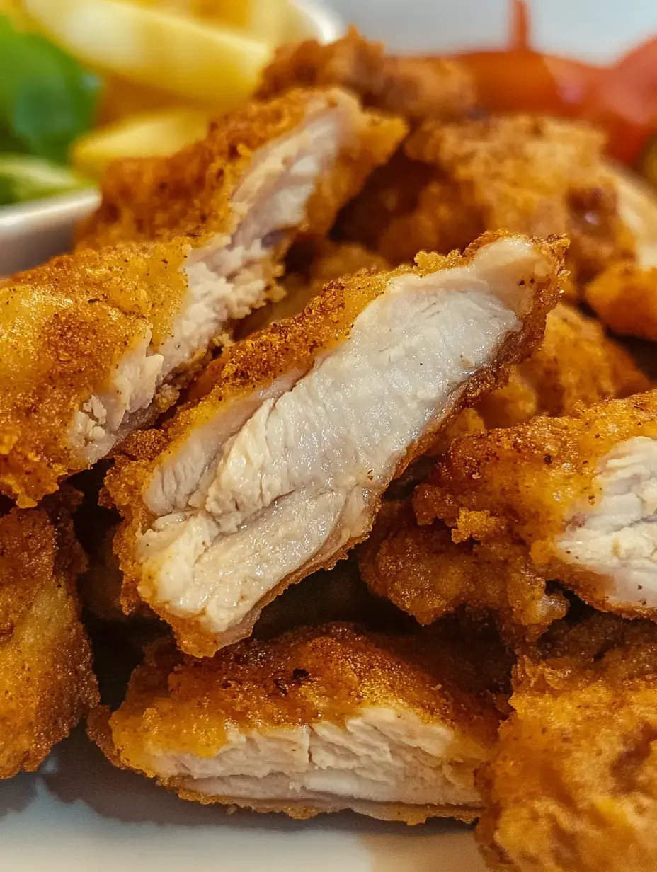 A close-up of a pile of crispy fried chicken pieces, some of which are cut open to reveal the tender meat inside.