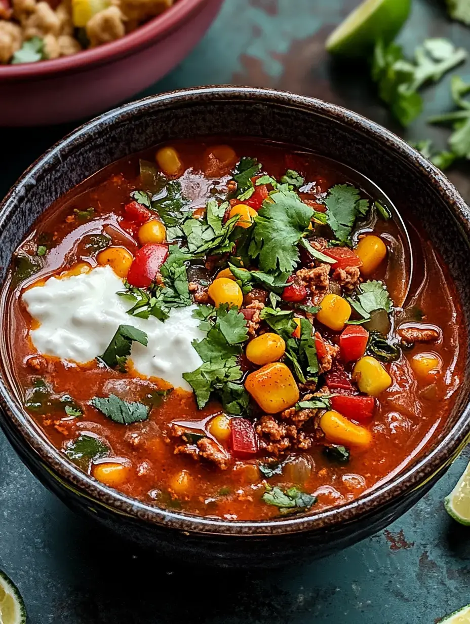 A close-up of a bowl of chili topped with fresh cilantro, corn, and diced tomatoes, accompanied by a dollop of sour cream.