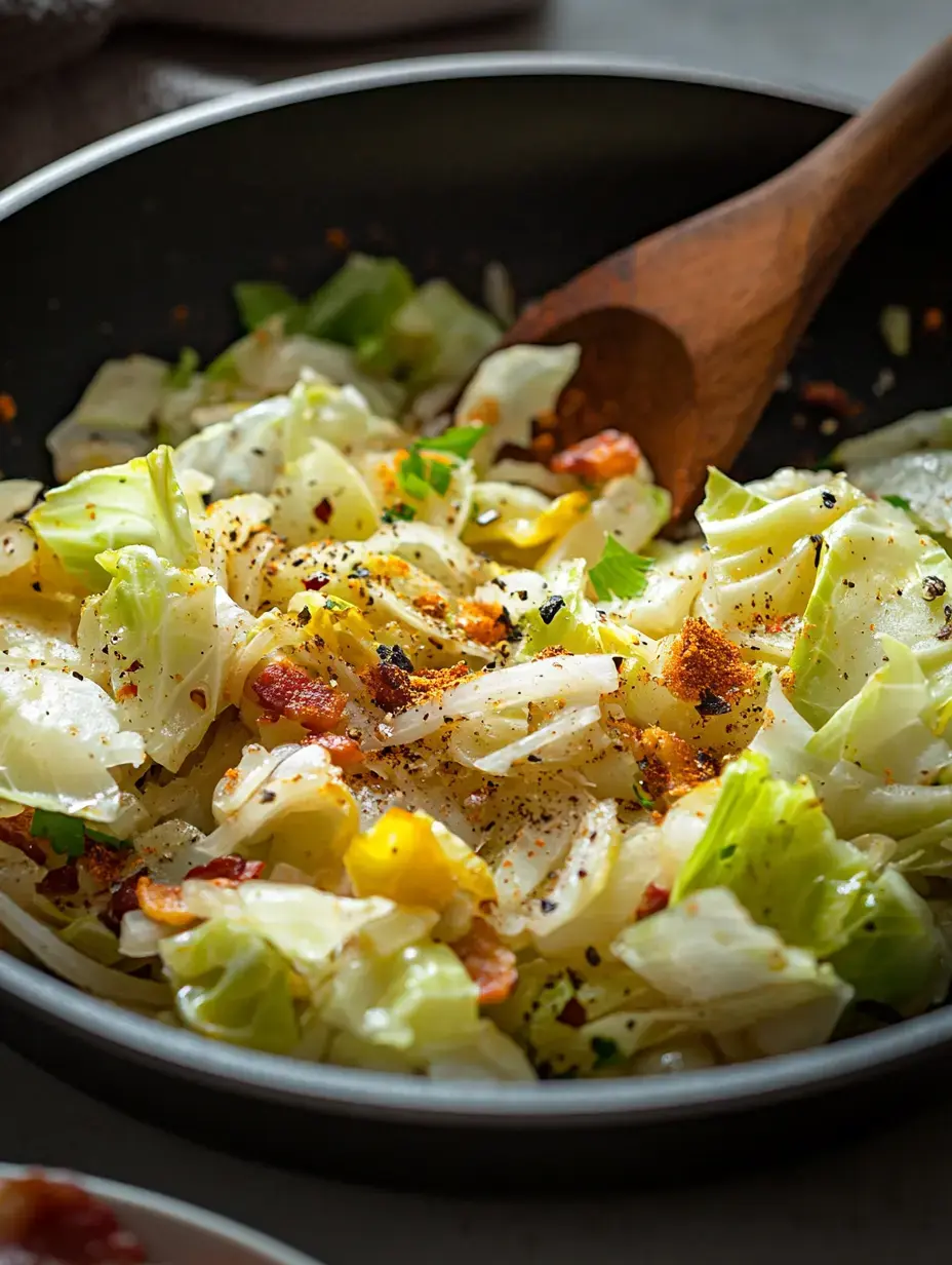 A close-up of sautéed cabbage mixed with spices and crispy bits in a frying pan, accompanied by a wooden spoon.