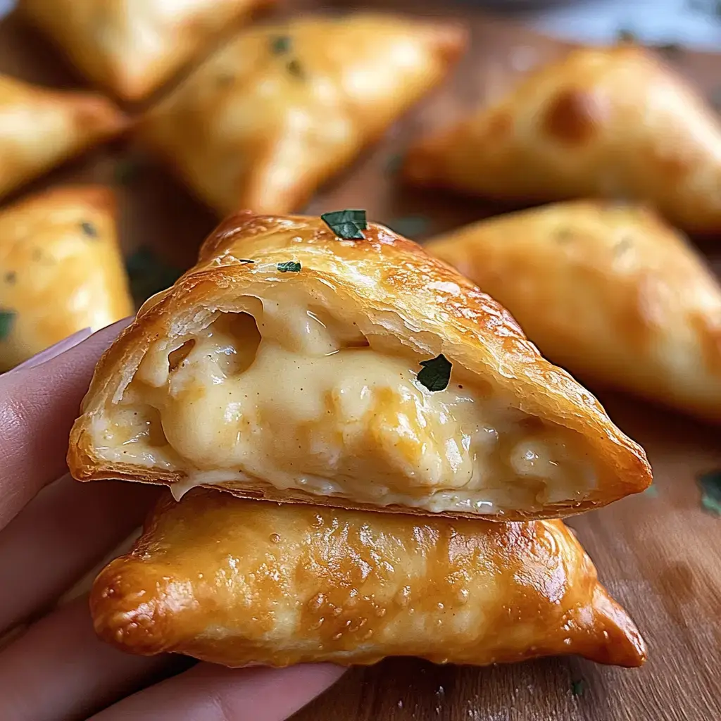 A hand holds a golden, flaky pastry filled with creamy cheese, with another similar pastry in the background.