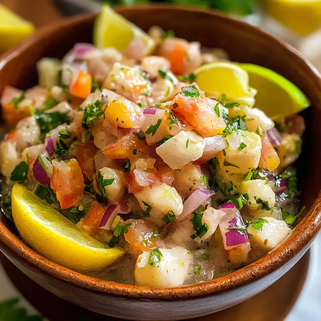 A bowl of fresh ceviche garnished with cilantro, tomatoes, onions, and lime wedges.