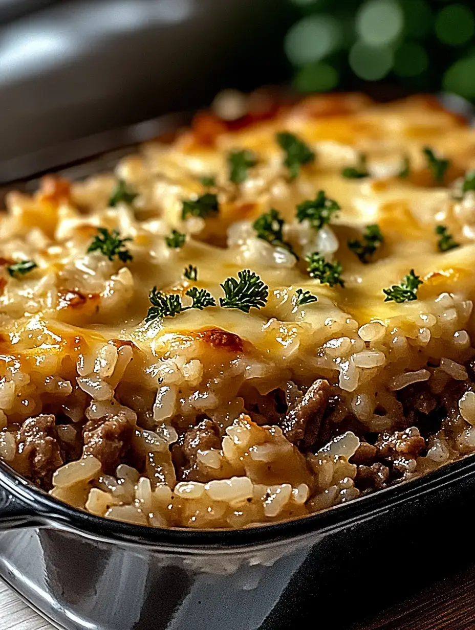 A close-up image of a cheesy rice and meat casserole topped with parsley, served in a black dish.