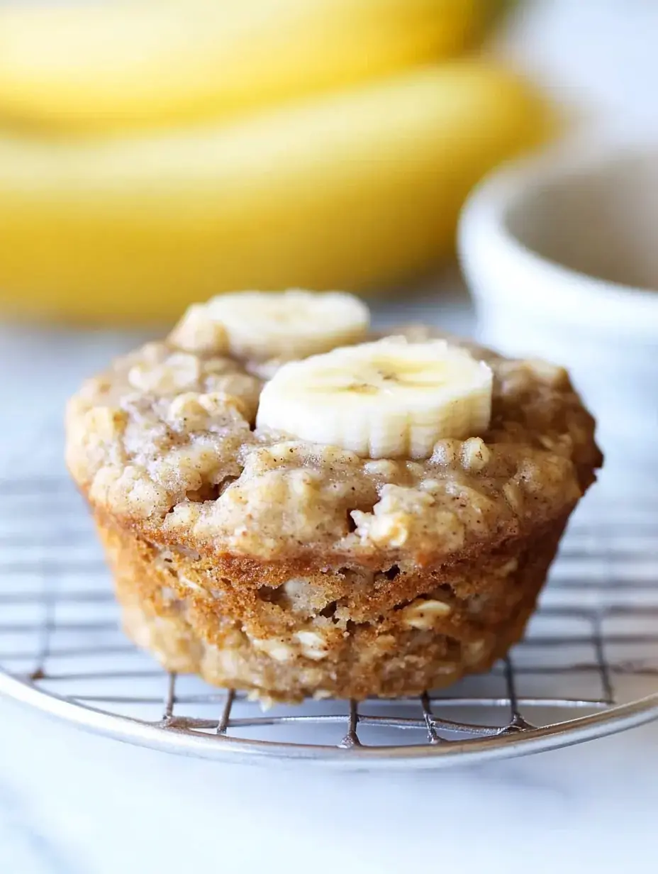 A freshly baked muffin topped with banana slices sits on a cooling rack, with bananas in the background.