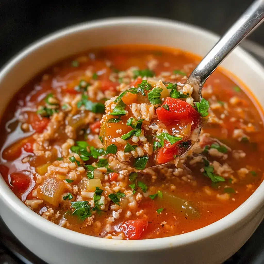 A close-up of a spoonful of hearty, colorful soup with ground meat, rice, and chopped vegetables, served in a white bowl.