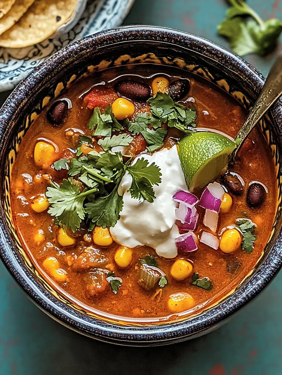 A colorful bowl of chili topped with cilantro, sour cream, diced red onion, and a lime wedge, accompanied by a plate of tortilla chips.