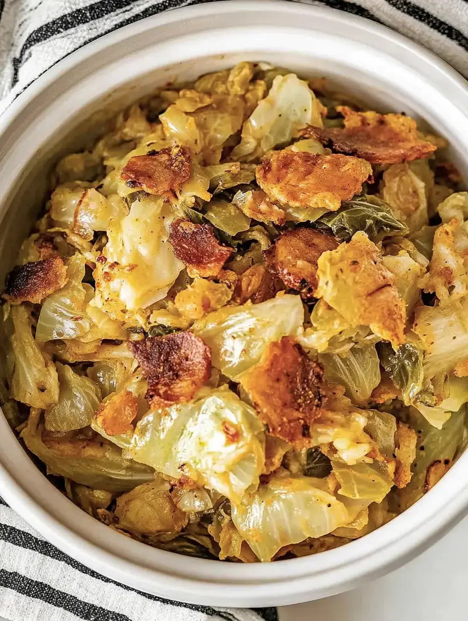 A white dish filled with cooked cabbage and crispy bits, topped with browned pieces, rests on a striped cloth.