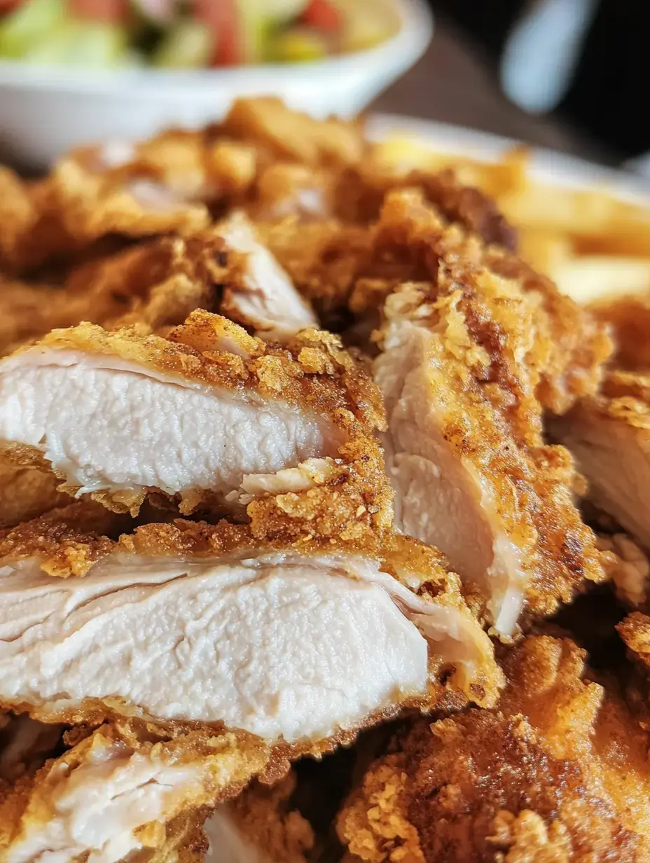 A close-up of crispy fried chicken pieces, revealing the tender meat inside, with a bowl of salad in the background.