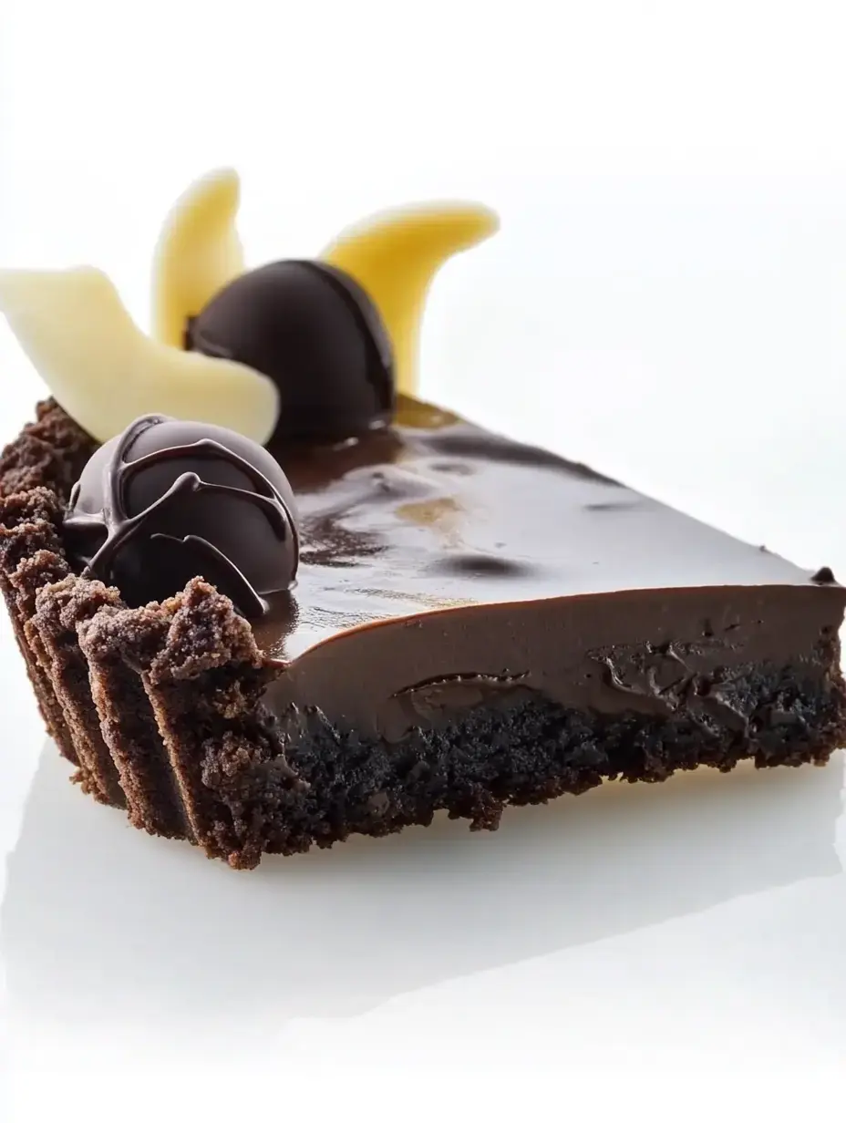 A slice of rich chocolate tart topped with chocolate truffles and white chocolate decorations.