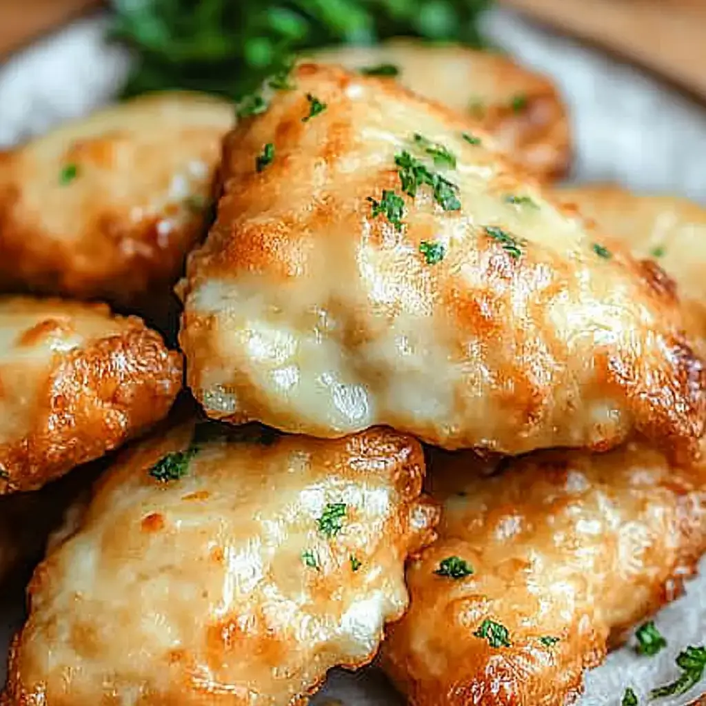 A close-up of golden-brown, cheesy pastries garnished with green herbs.