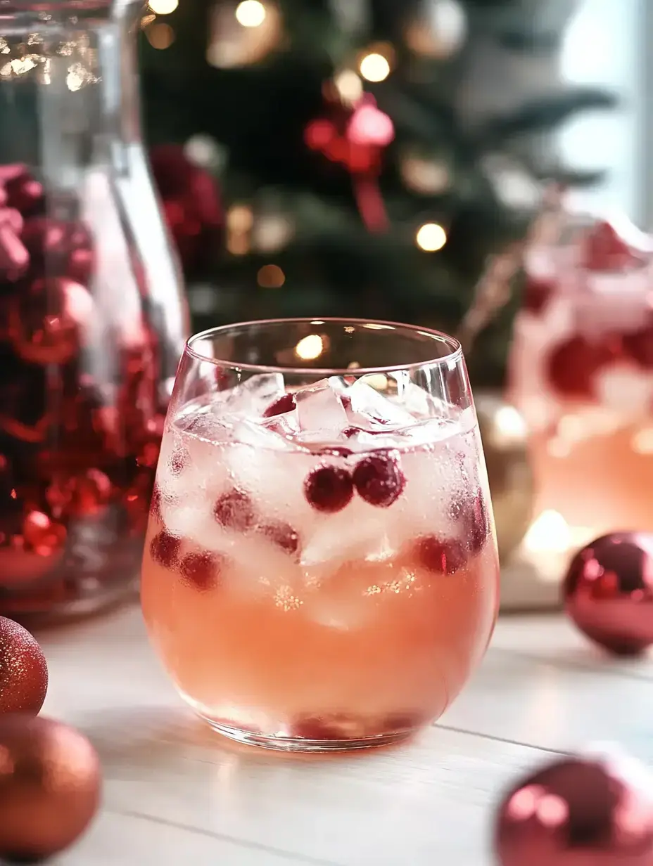 A chilled glass of pink drink with ice and cranberries is placed on a table, surrounded by red ornaments and a softly lit Christmas tree in the background.