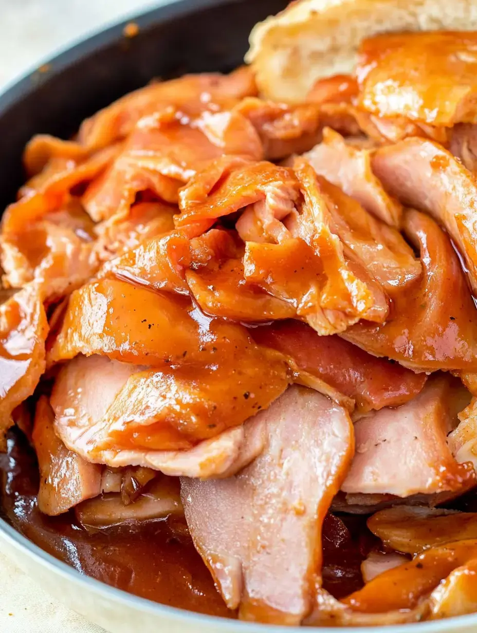 A close-up view of tender, sliced meat glazed with a savory sauce, served in a bowl with a piece of bread on the side.