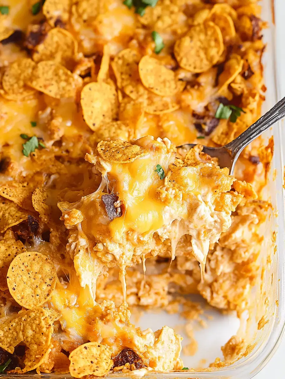 A casserole dish filled with a cheesy, creamy mixture topped with crunchy corn chip pieces and garnished with parsley.