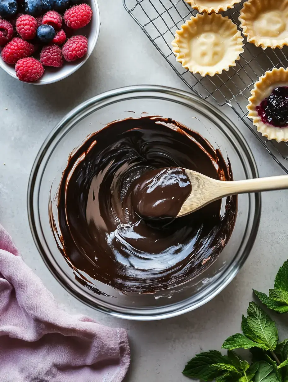 A glass bowl of melted chocolate with a wooden spoon, surrounded by fresh berries, pastry shells, and mint leaves on a kitchen countertop.