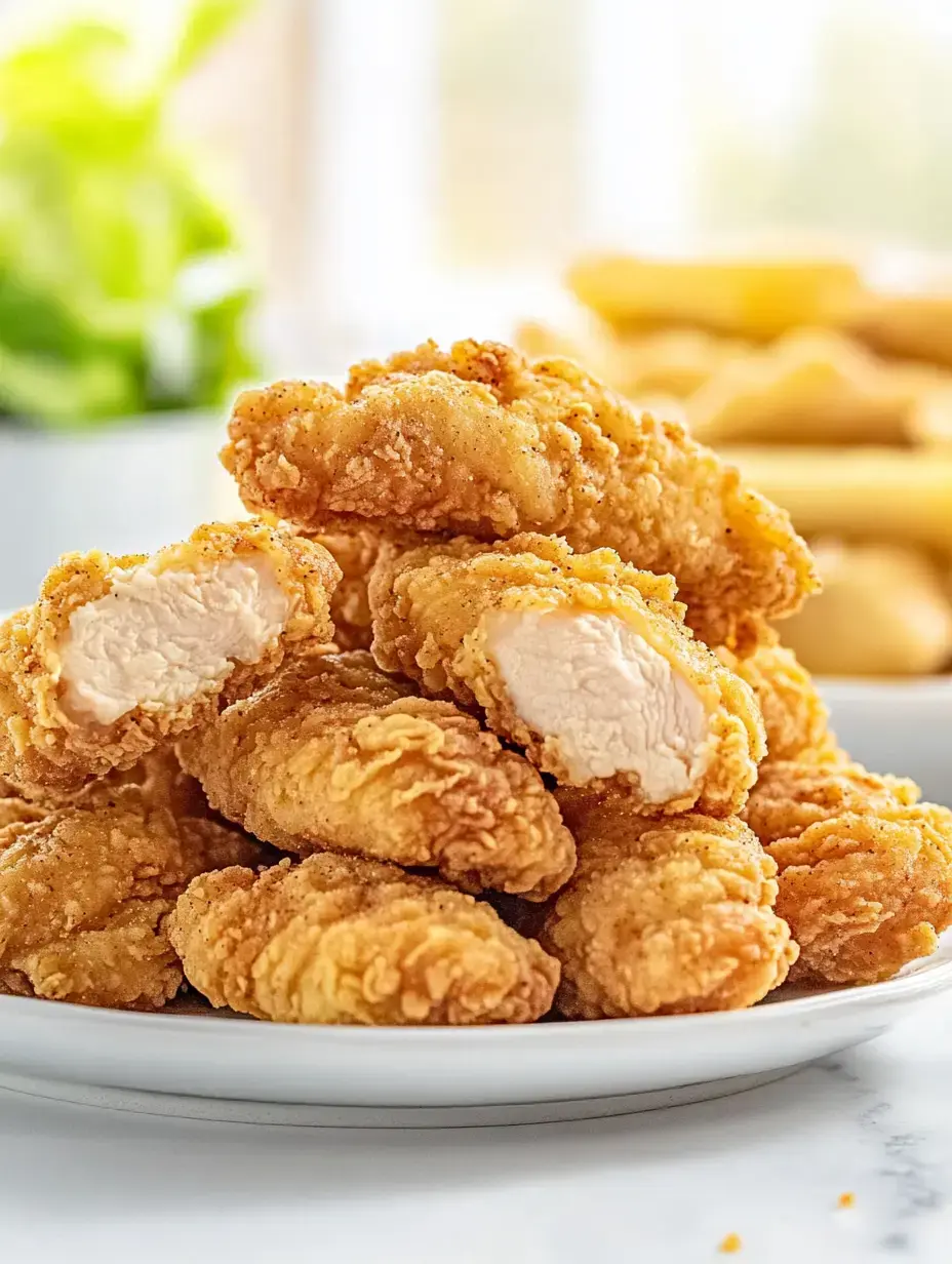 A plate piled high with golden, crispy chicken tenders, showcasing their tender white meat inside.